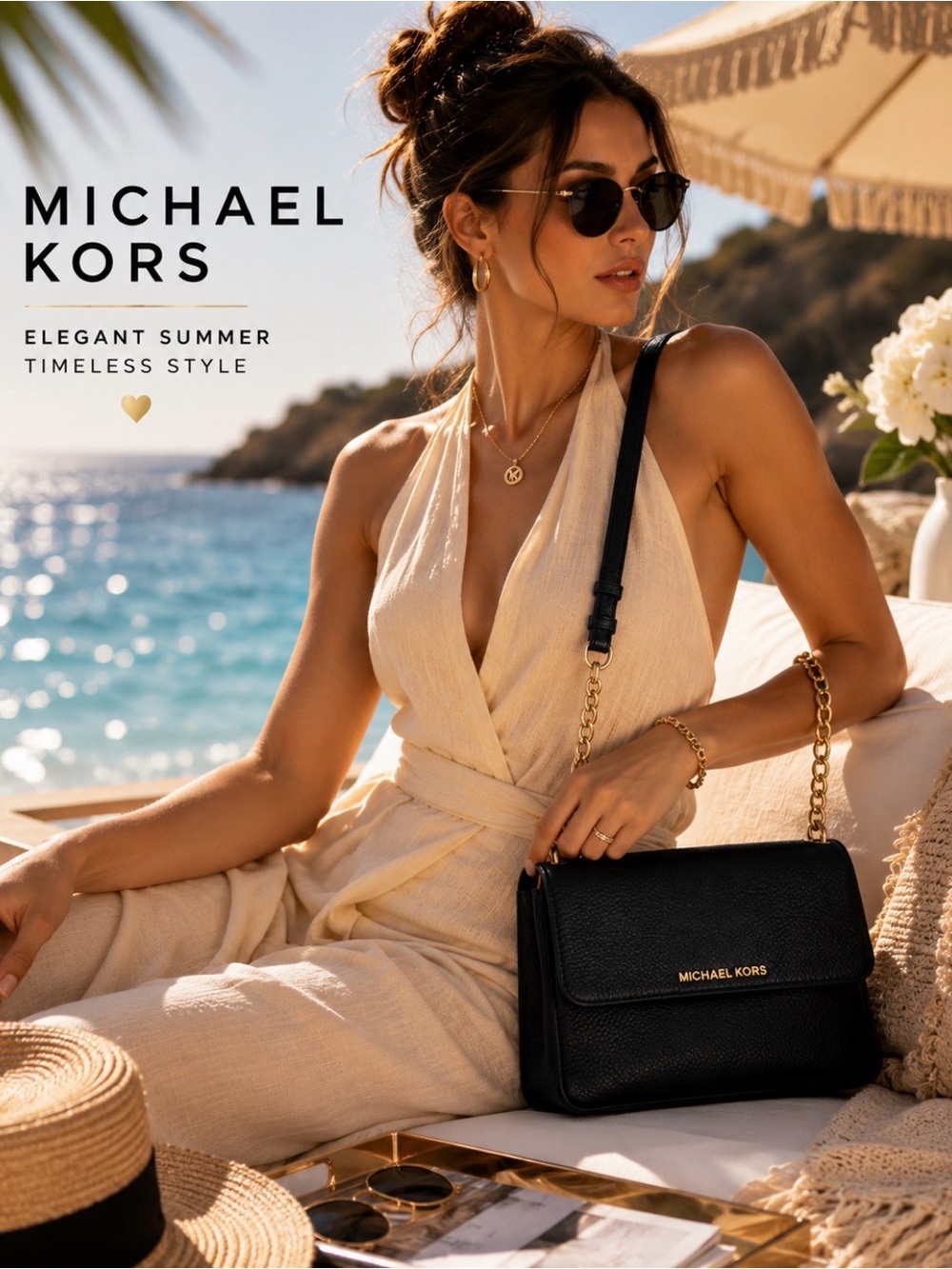 Michael Kors Bedford Double Gusset Crossbody Black Pebbled Leather Gold Hardware